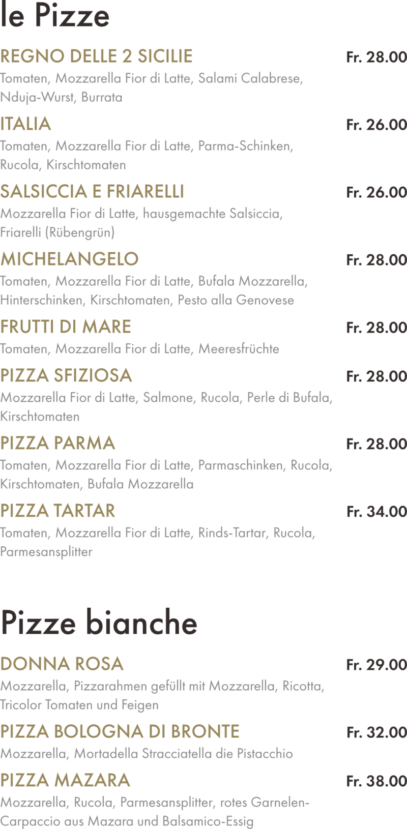 Speisekarte Zürich Restaurant Pizzeria L'Artista